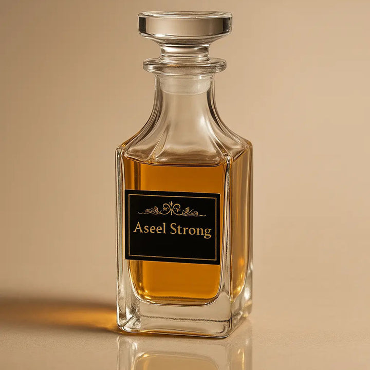 Glass decanter with a label on a beige background