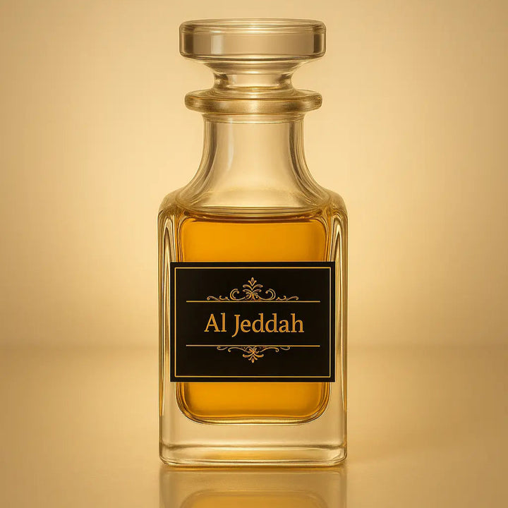 Perfume bottle labeled 'Al Jeddah' on a reflective surface with a gold background