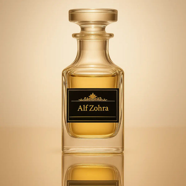Perfume bottle with 'Alf Zohra' label on a beige background