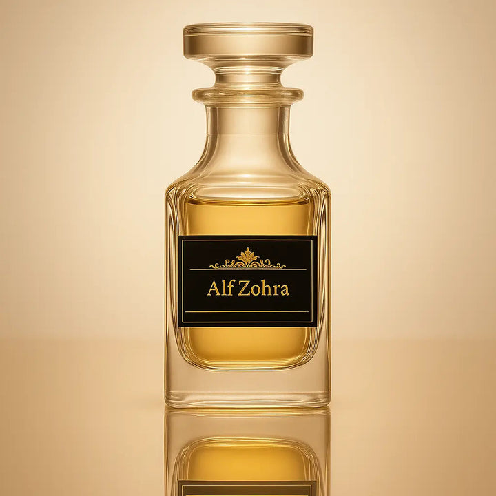 Perfume bottle with 'Alf Zohra' label on a beige background
