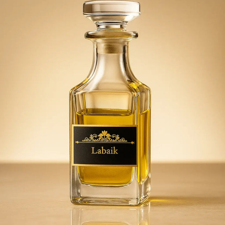 Glass bottle of Labaik perfume with a gold background