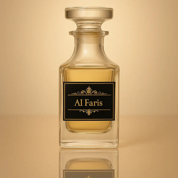 Perfume bottle labeled 'Al Faris' on a beige background