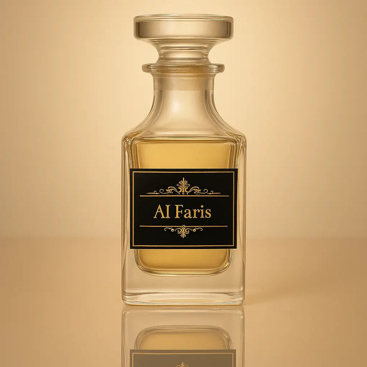 Perfume bottle labeled 'Al Faris' on a beige background