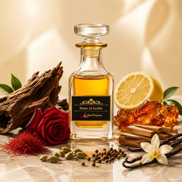 Ehsas Al-Arabia Attar – Saffron, Oud, Rose & Vanilla Alcohol-Free Perfume Oil | Al-Qalam Perfume Perfume Oils by Al-Qalam Perfume – Al-Qalam Perfume, Alcohol-Free Attar, Amber Attar.