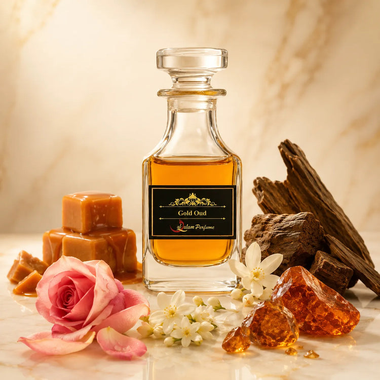 Gold Oud Attar – Caramel, Rose, Jasmine & Amber Oud Alcohol-Free Perfume Oil | Al-Qalam Perfume Perfume Oils by Al-Qalam Perfume – Ajmal Blue, al qalam-diwali, Attar.
